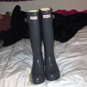 grey glossy tall hunter rain boots